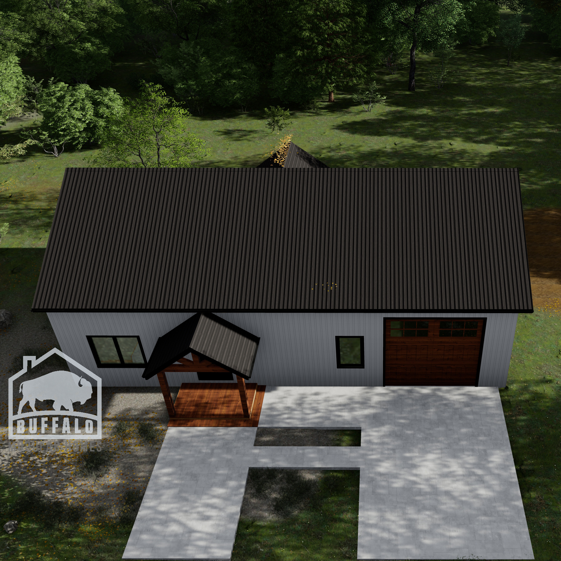 prefab barndominium designed with large front porch and attached garage