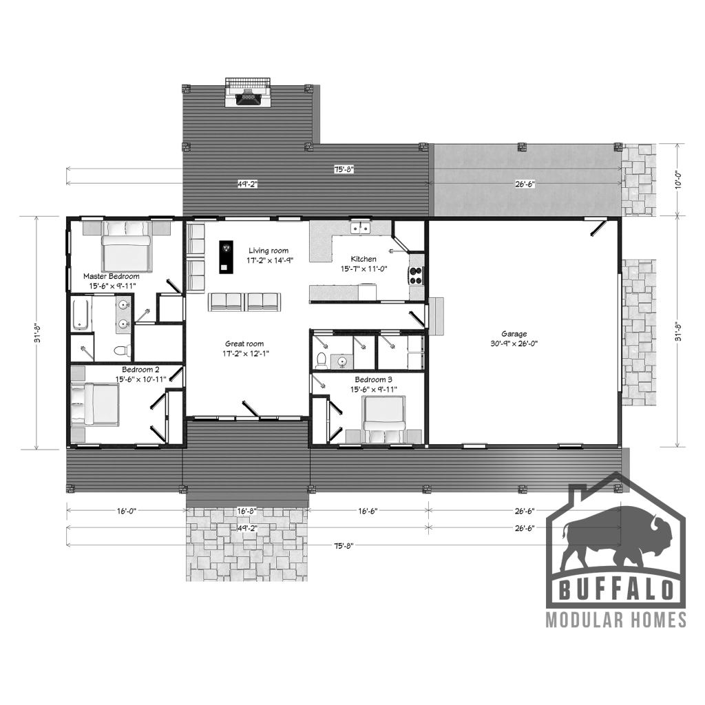 prefab barndominium designed with large front porch and attached garage