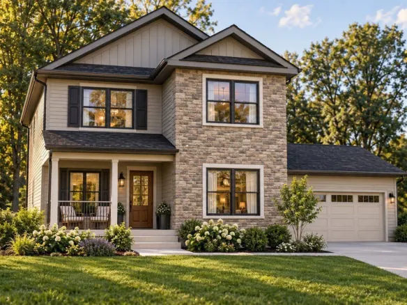 Burlington two-story modular home with stone front, covered porch and attached garage in New York