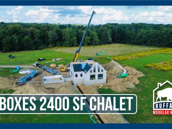 Six-box modular chalet home being set by crane in Falconer, New York