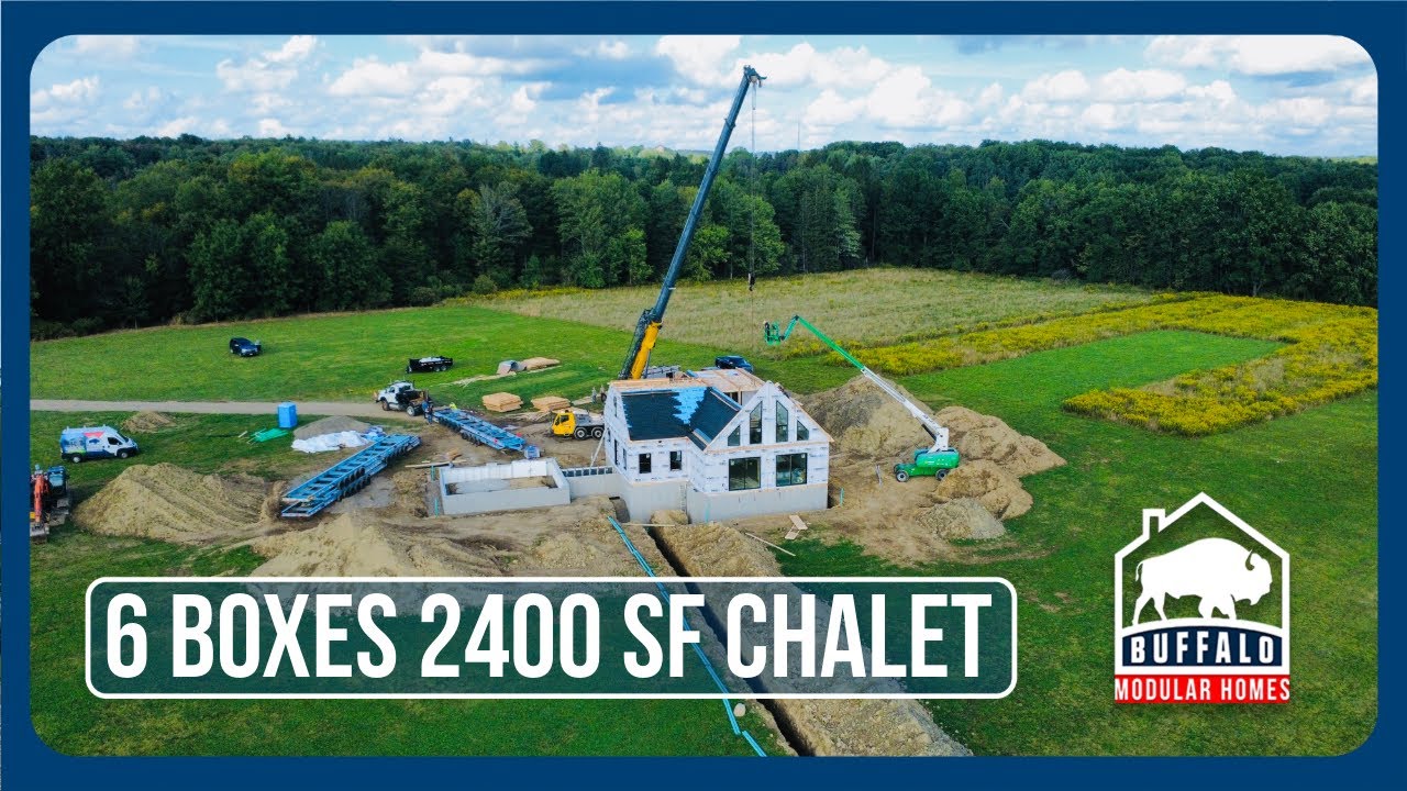 Six-box modular chalet home being set by crane in Falconer, New York