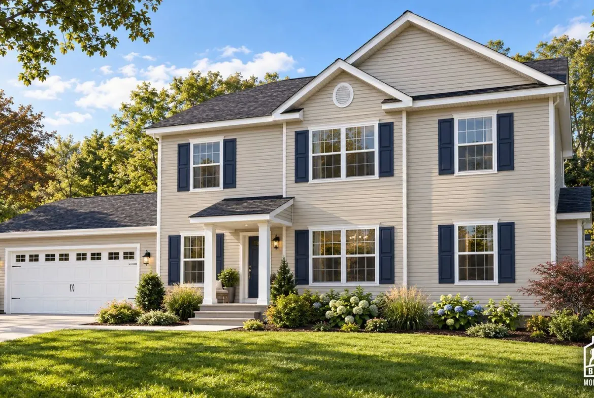 Redwood Expanded modular home with beige siding, navy shutters and a two-car garage