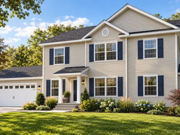 Redwood Expanded modular home with beige siding, navy shutters and a two-car garage