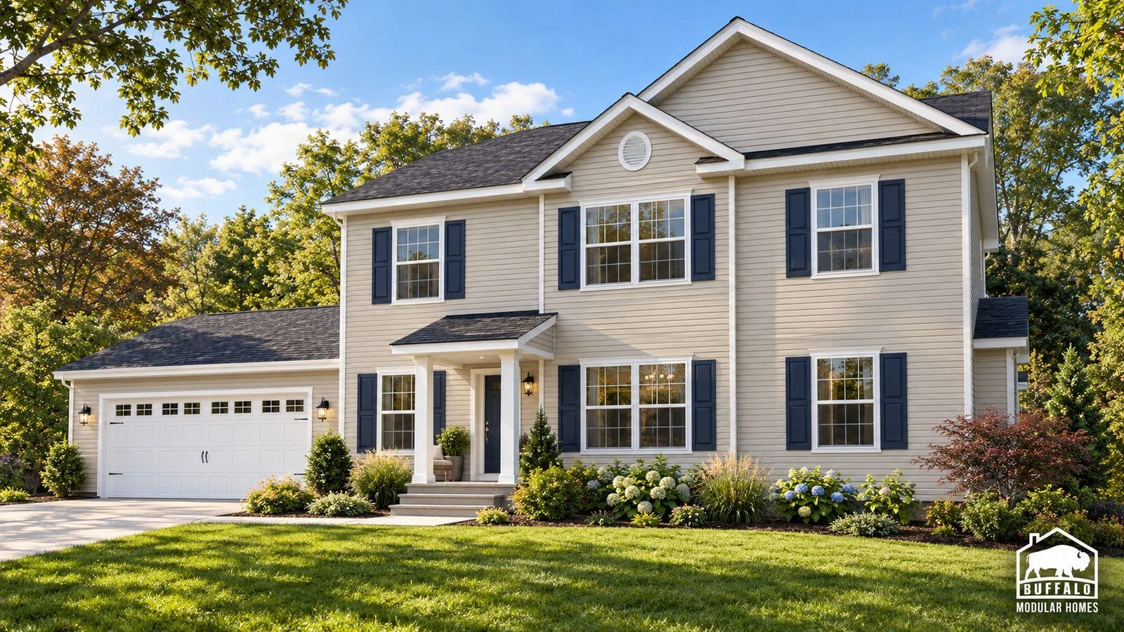 Redwood Expanded modular home with beige siding, navy shutters and a two-car garage
