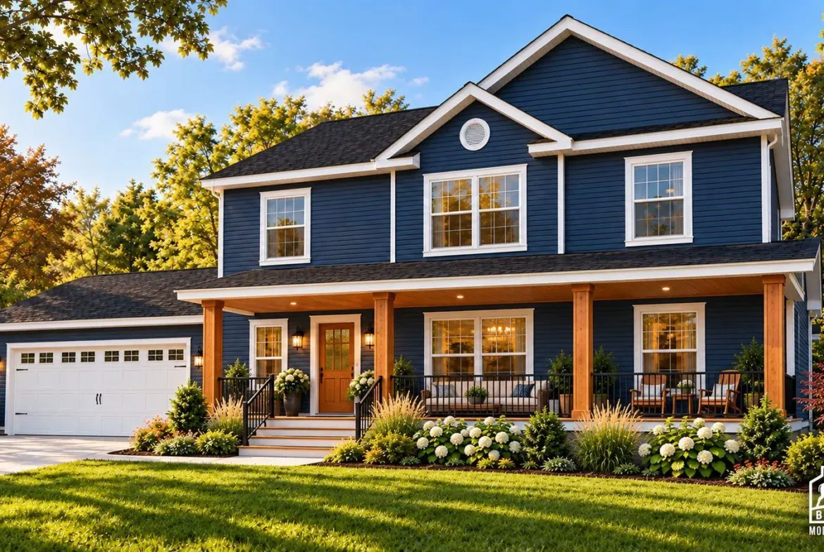 Redwood Expanded with an optional full-width covered front porch and cedar posts
