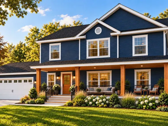 Redwood Expanded with an optional full-width covered front porch and cedar posts
