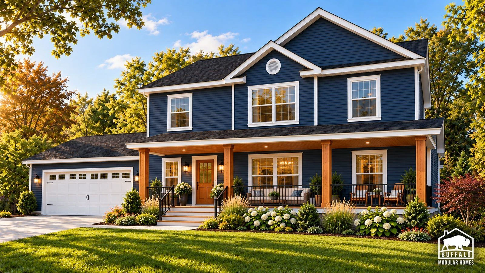 Redwood Expanded with an optional full-width covered front porch and cedar posts