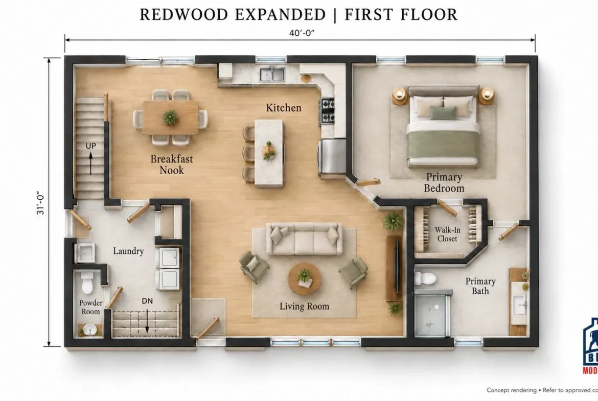 Redwood Expanded first floor plan with kitchen island, living room, laundry and primary suite