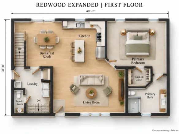 Redwood Expanded first floor plan with kitchen island, living room, laundry and primary suite