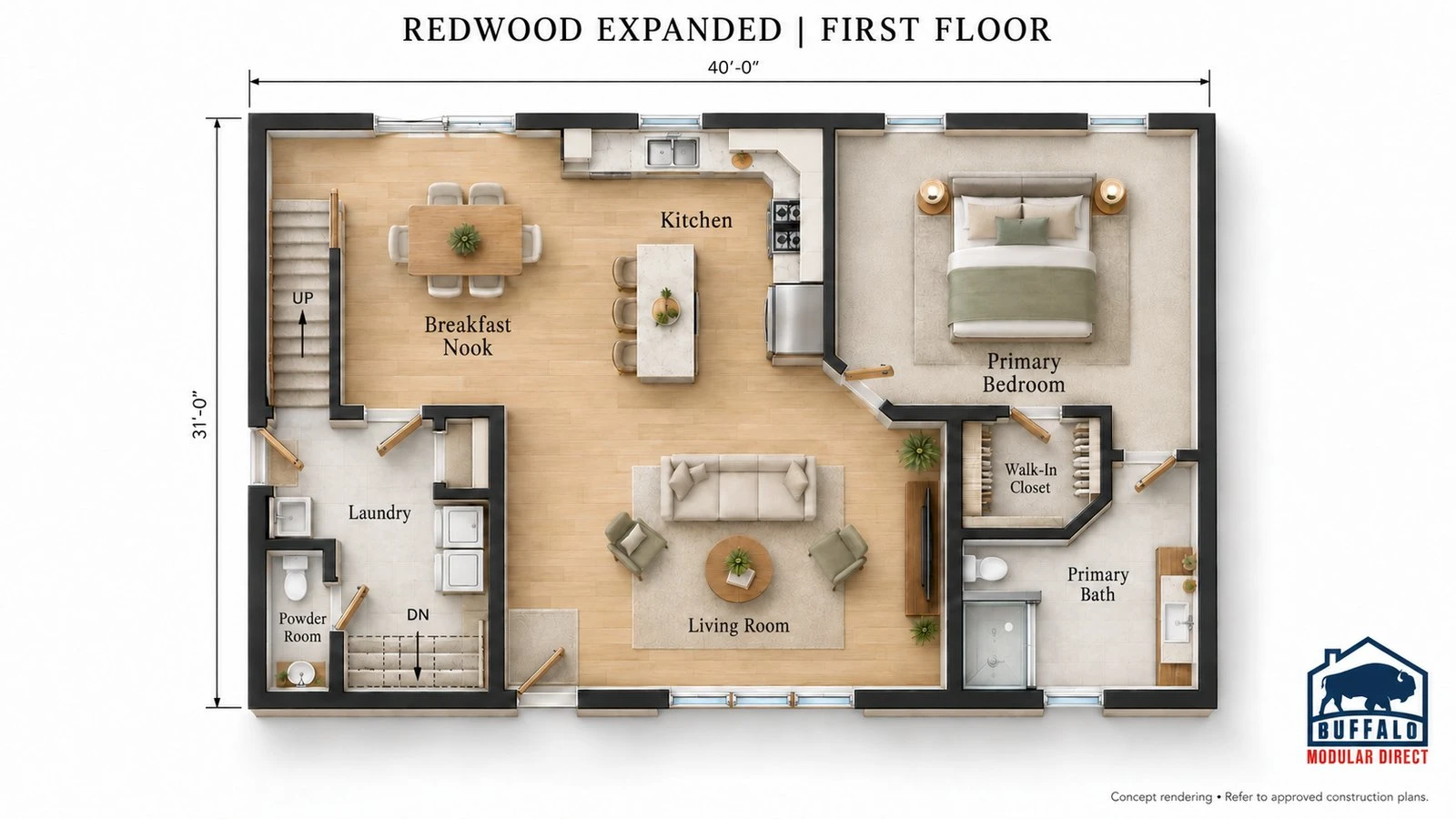 Redwood Expanded first floor plan with kitchen island, living room, laundry and primary suite