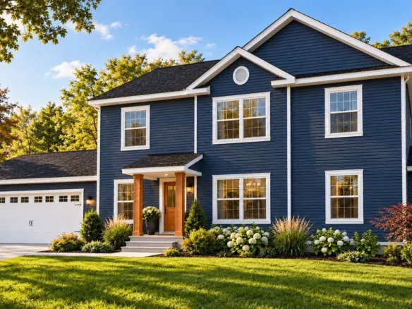 Redwood Expanded two-story modular home with navy siding and an attached two-car garage