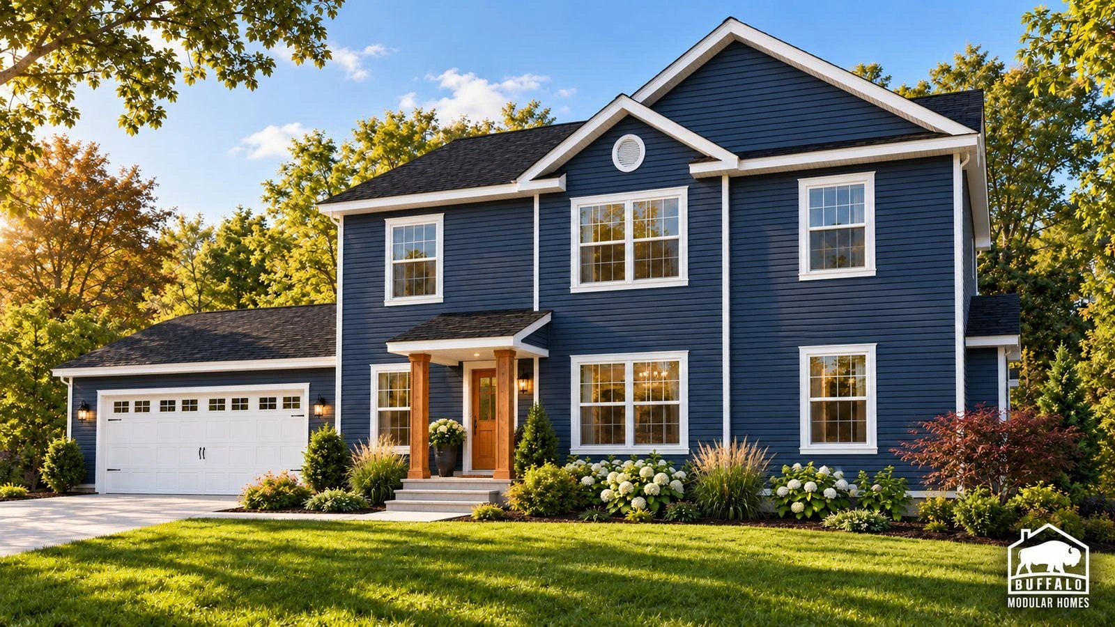 Redwood Expanded two-story modular home with navy siding and an attached two-car garage