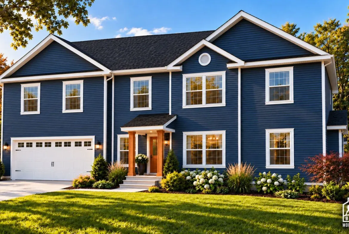 Redwood Expanded front elevation in navy siding with a front-entry two-car garage