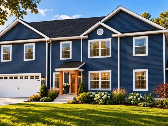 Redwood Expanded front elevation in navy siding with a front-entry two-car garage