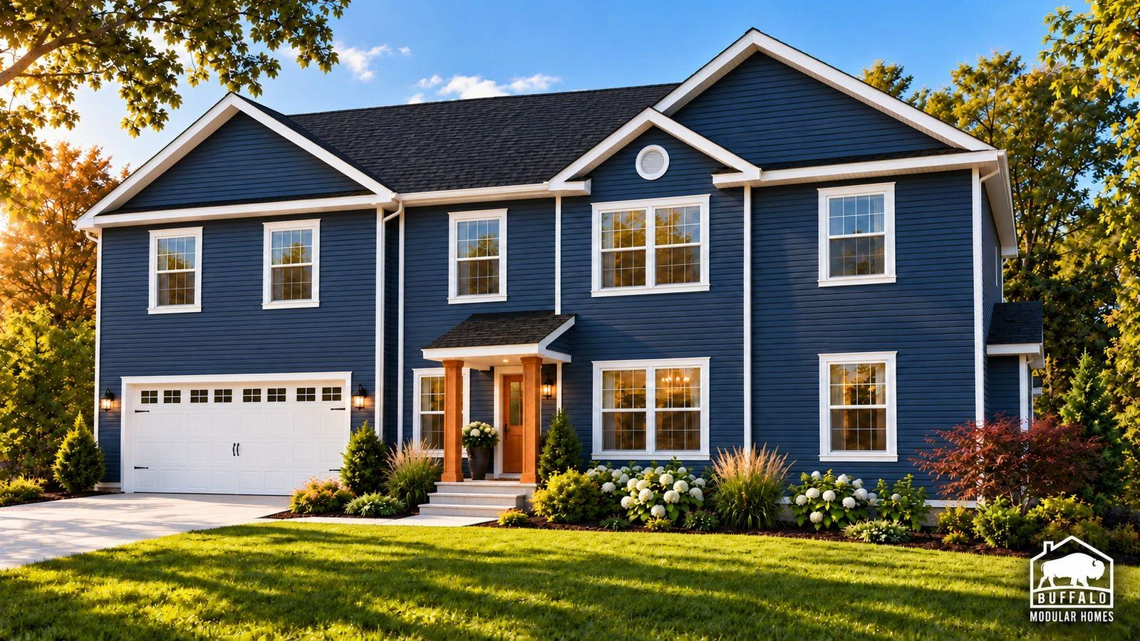 Redwood Expanded front elevation in navy siding with a front-entry two-car garage