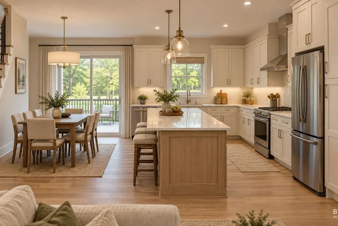 Redwood Expanded open kitchen with center island, breakfast nook and patio door
