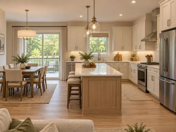 Redwood Expanded open kitchen with center island, breakfast nook and patio door