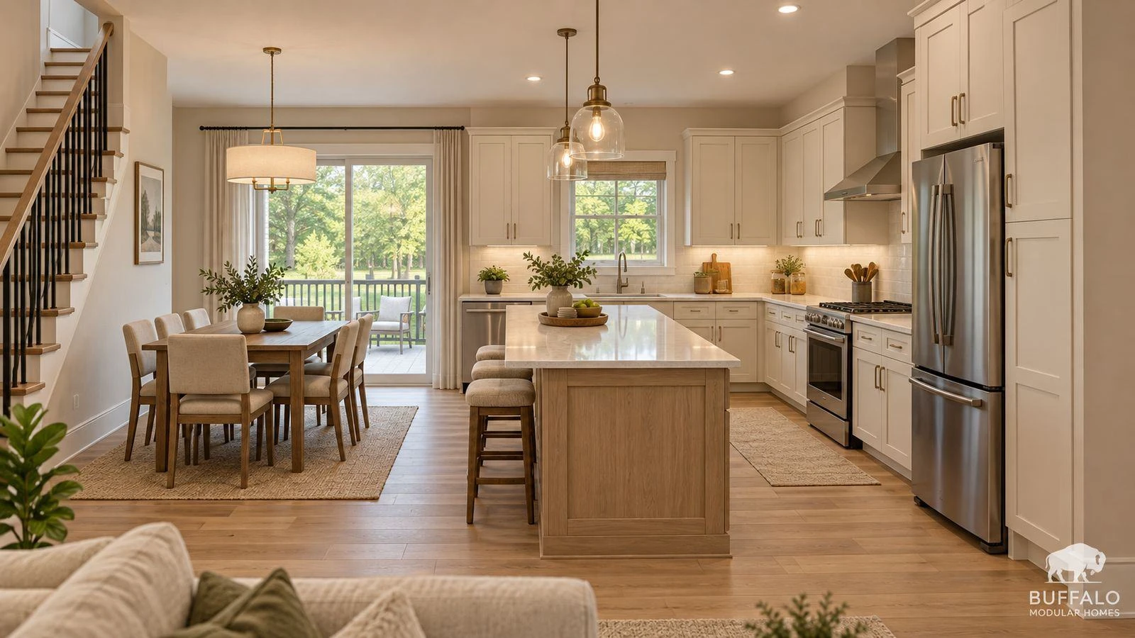 Redwood Expanded open kitchen with center island, breakfast nook and patio door