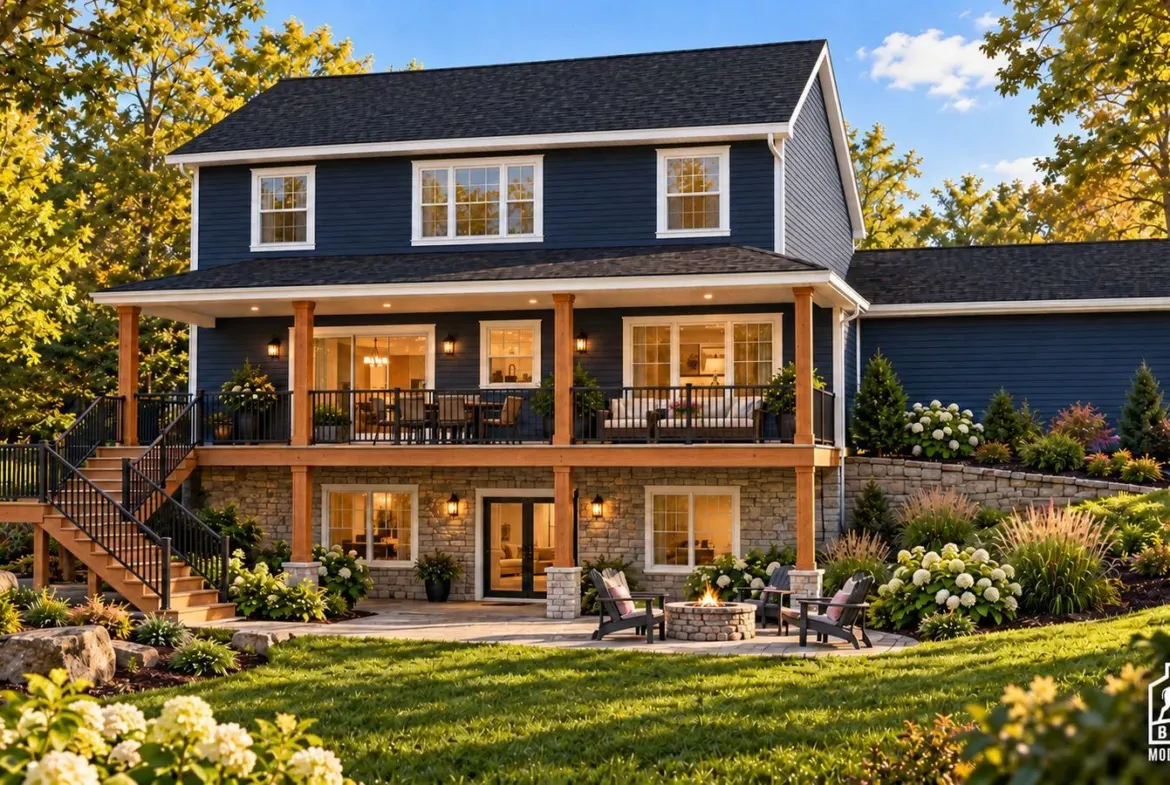 Redwood Expanded rear view with a covered porch above a walkout basement on a sloping lot
