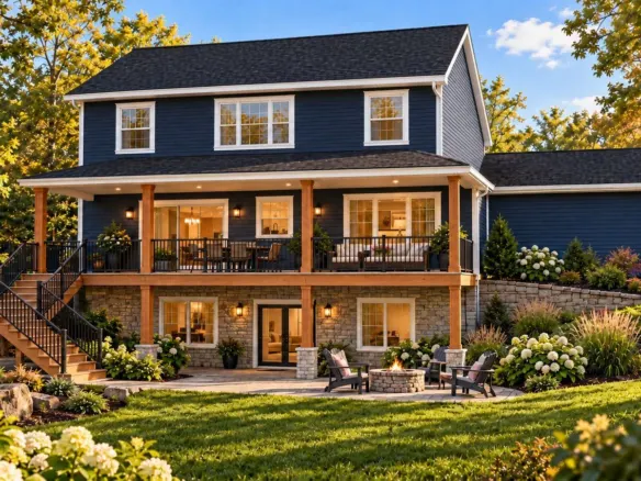 Redwood Expanded rear view with a covered porch above a walkout basement on a sloping lot