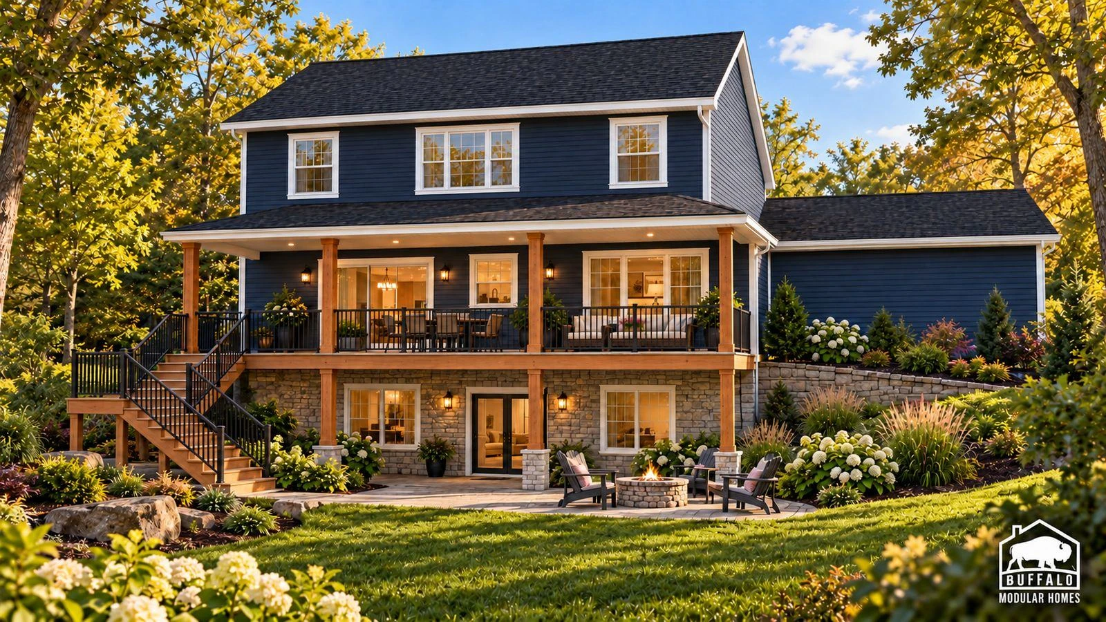 Redwood Expanded rear view with a covered porch above a walkout basement on a sloping lot