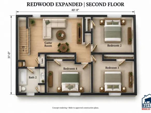 Redwood Expanded second floor plan with game room, three bedrooms and a shared bath
