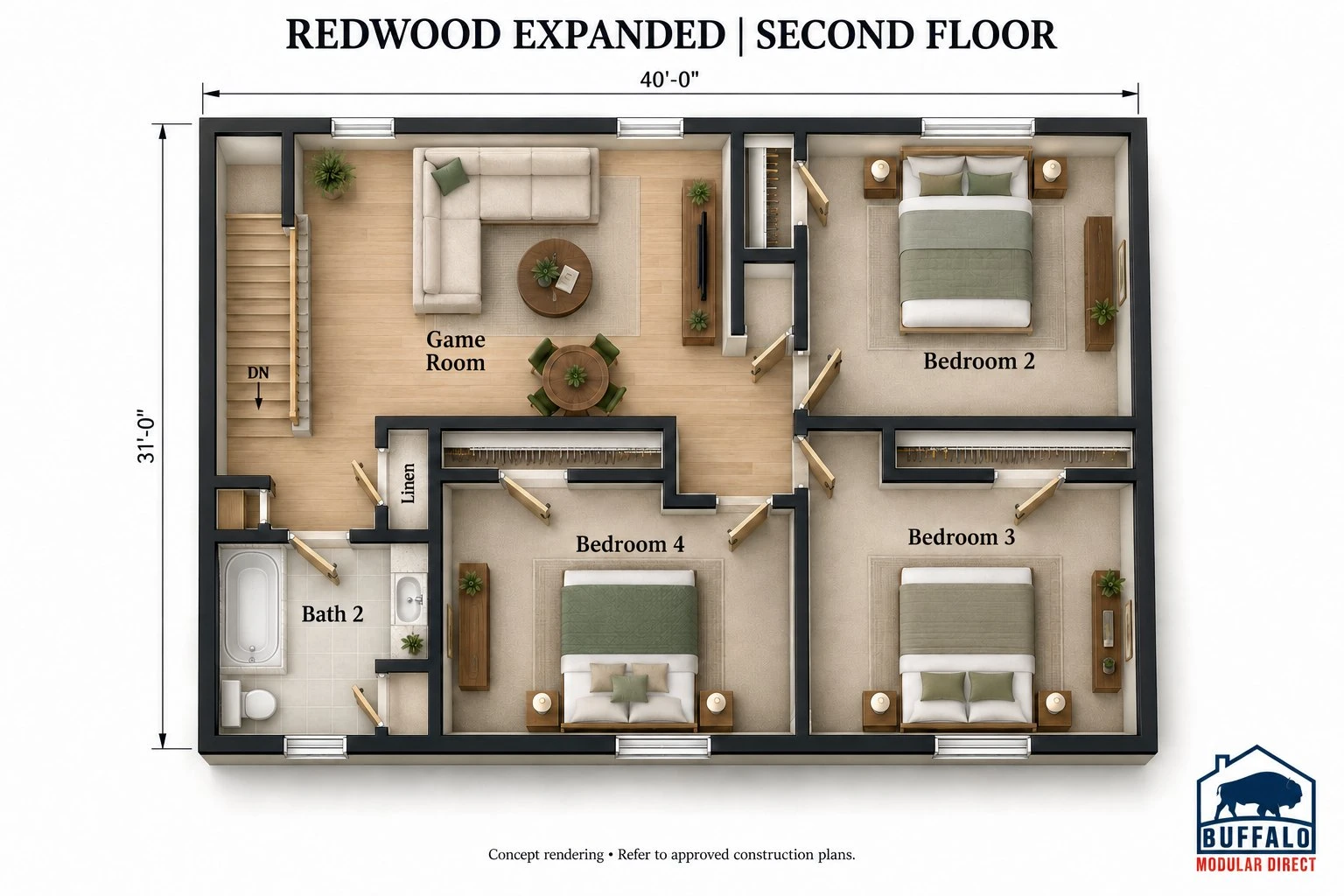 Redwood Expanded second floor plan with game room, three bedrooms and a shared bath