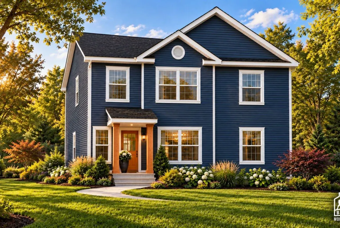 Redwood Expanded two-story modular home with navy siding, white trim and a cedar entry porch