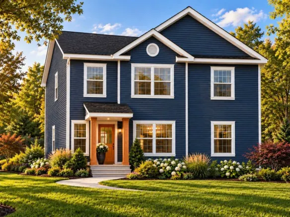 Redwood Expanded two-story modular home with navy siding, white trim and a cedar entry porch