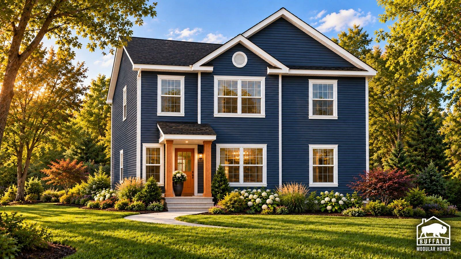 Redwood Expanded two-story modular home with navy siding, white trim and a cedar entry porch